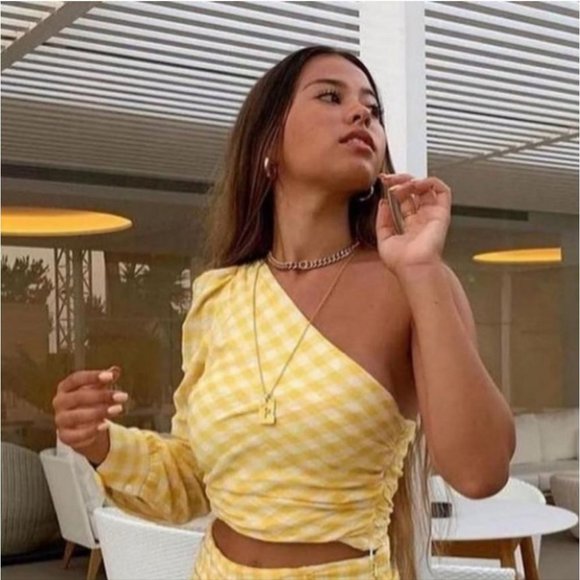 NWOT Zara Asymmetric Venus Yellow Gingham One Shoulder Crop Top S - Picture 4 of 12